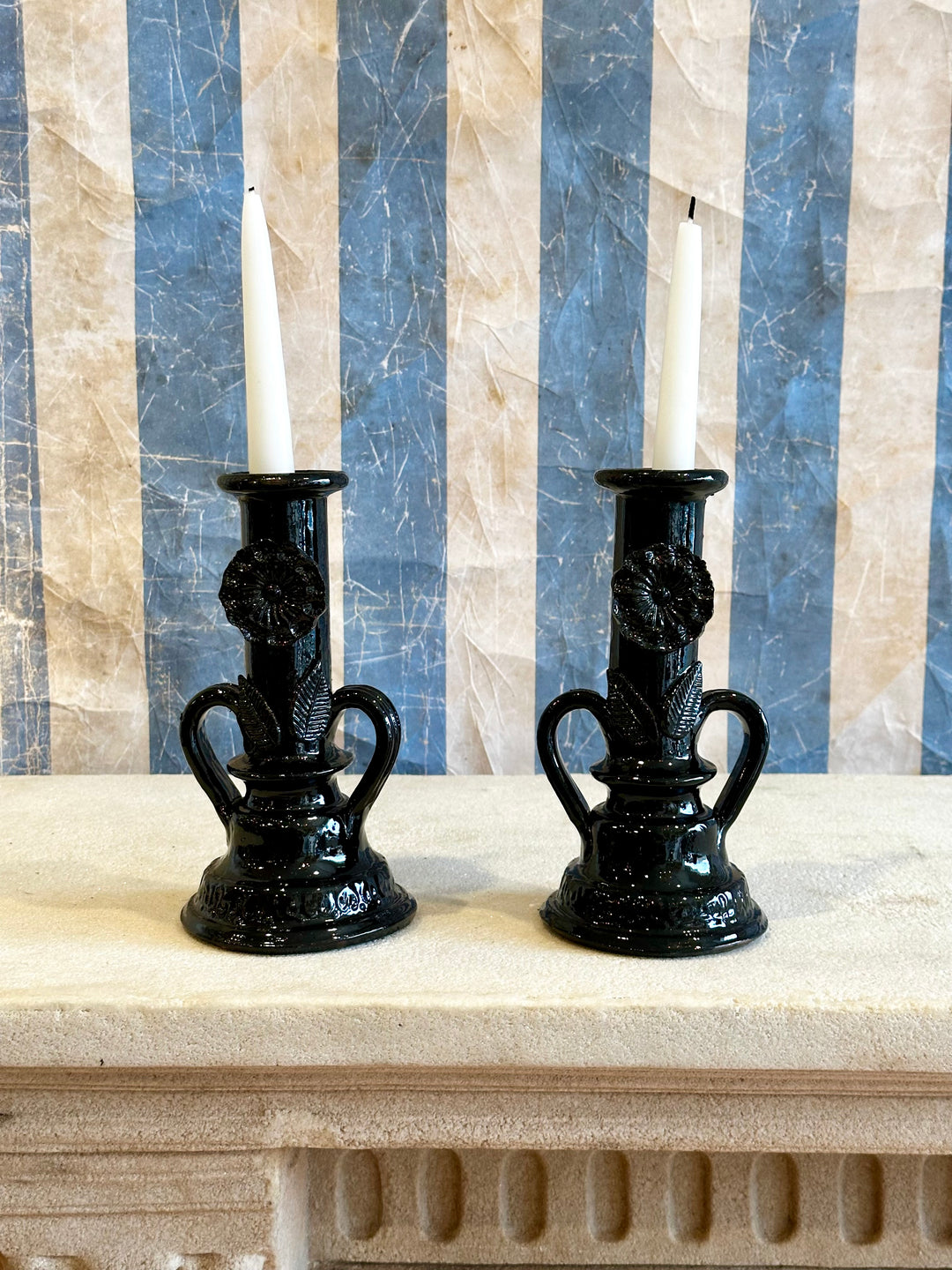 Black Glazed Floral Candle Holders - Pair