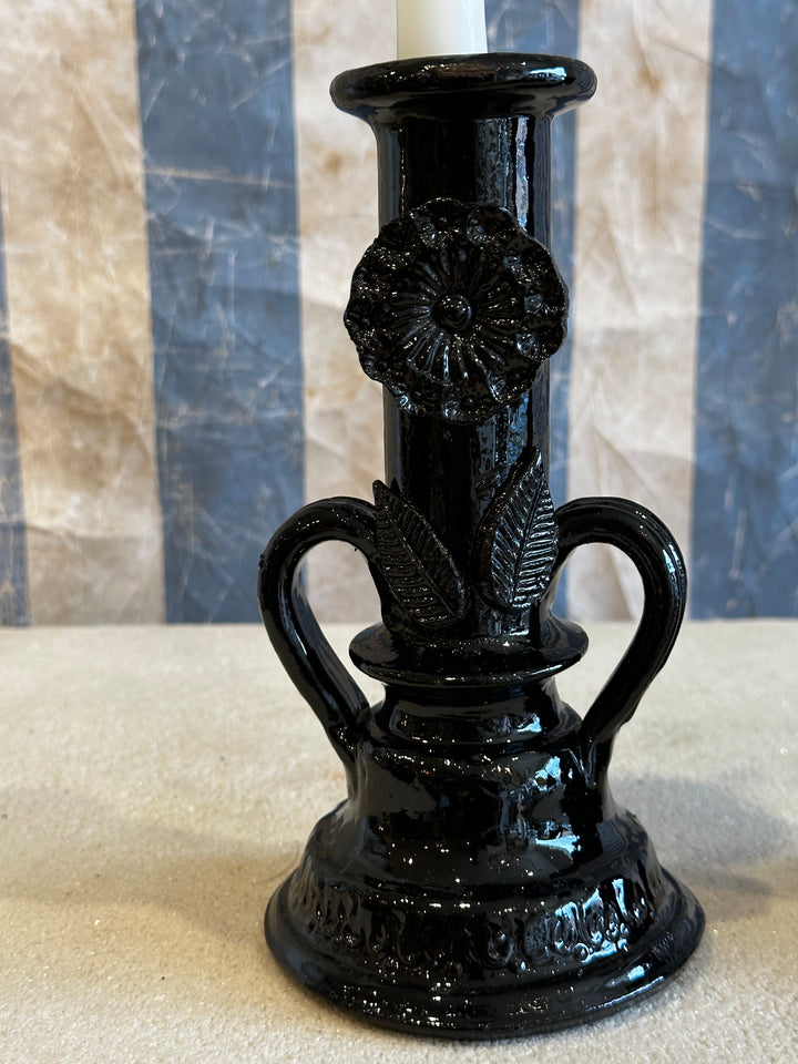 Black Glazed Floral Candle Holders - Pair
