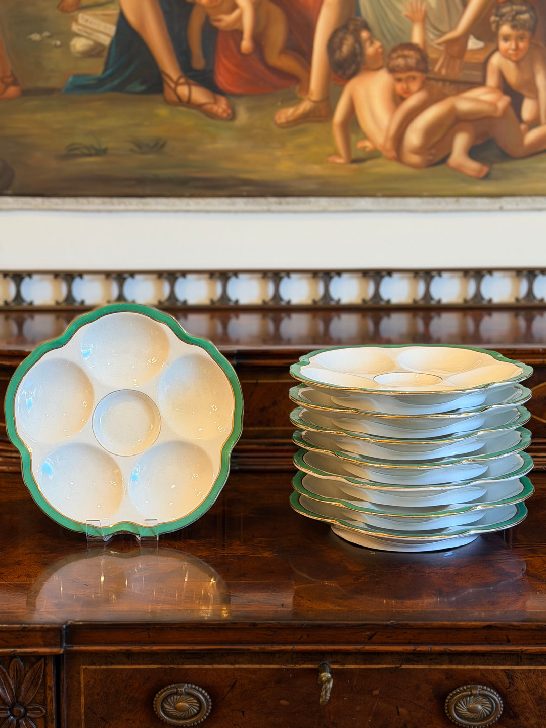 Set of 8 Early 20th Century Italian Hand-Painted Oyster Plates with Green and Gilt
