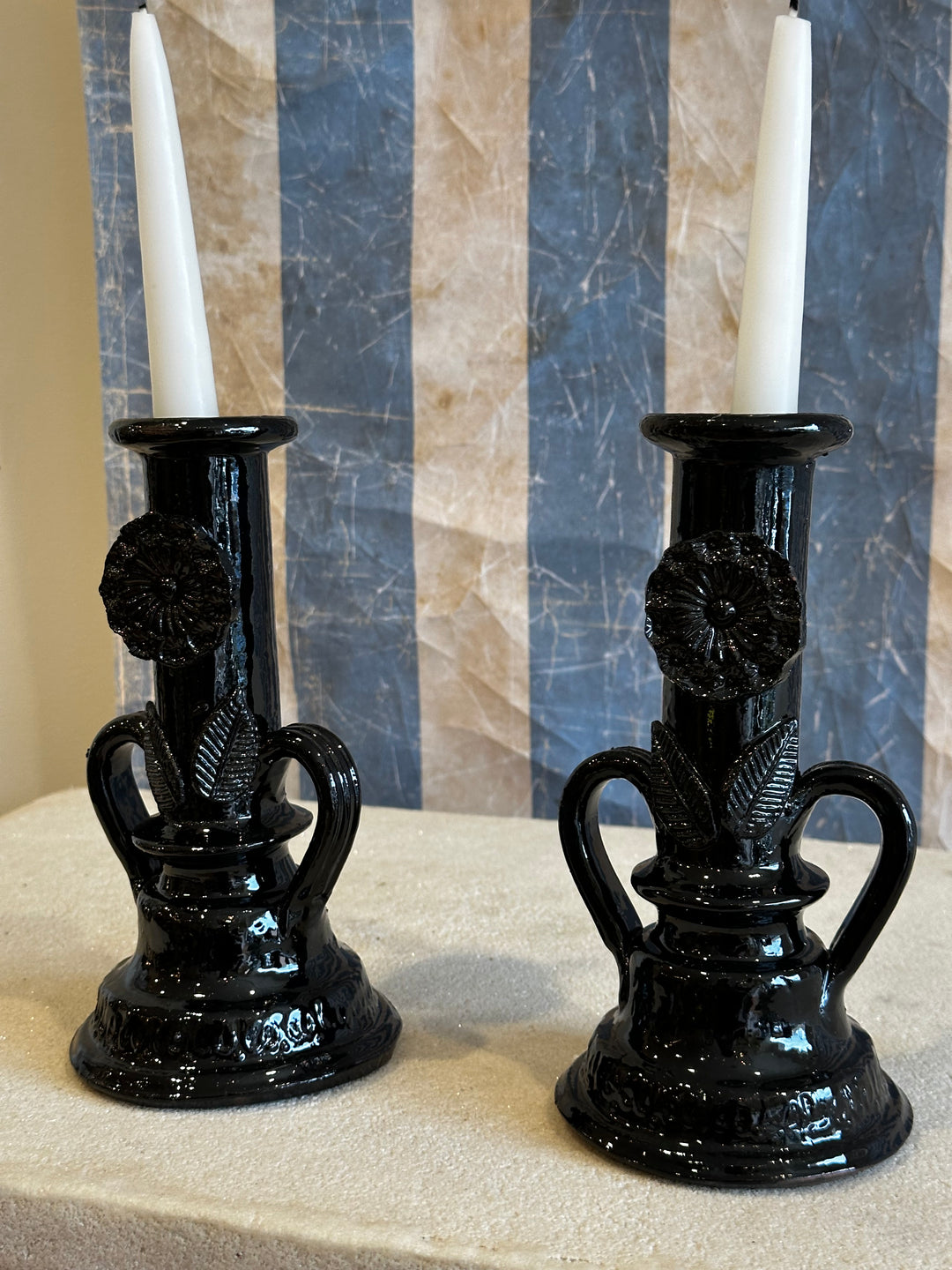 Black Glazed Floral Candle Holders - Pair