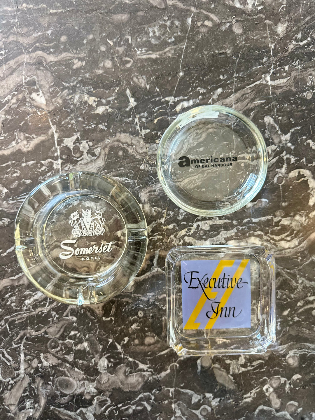 Trio of Mid-Century American Hotel Ashtrays — Somerset, Executive Inn & Americana of Bal Harbour