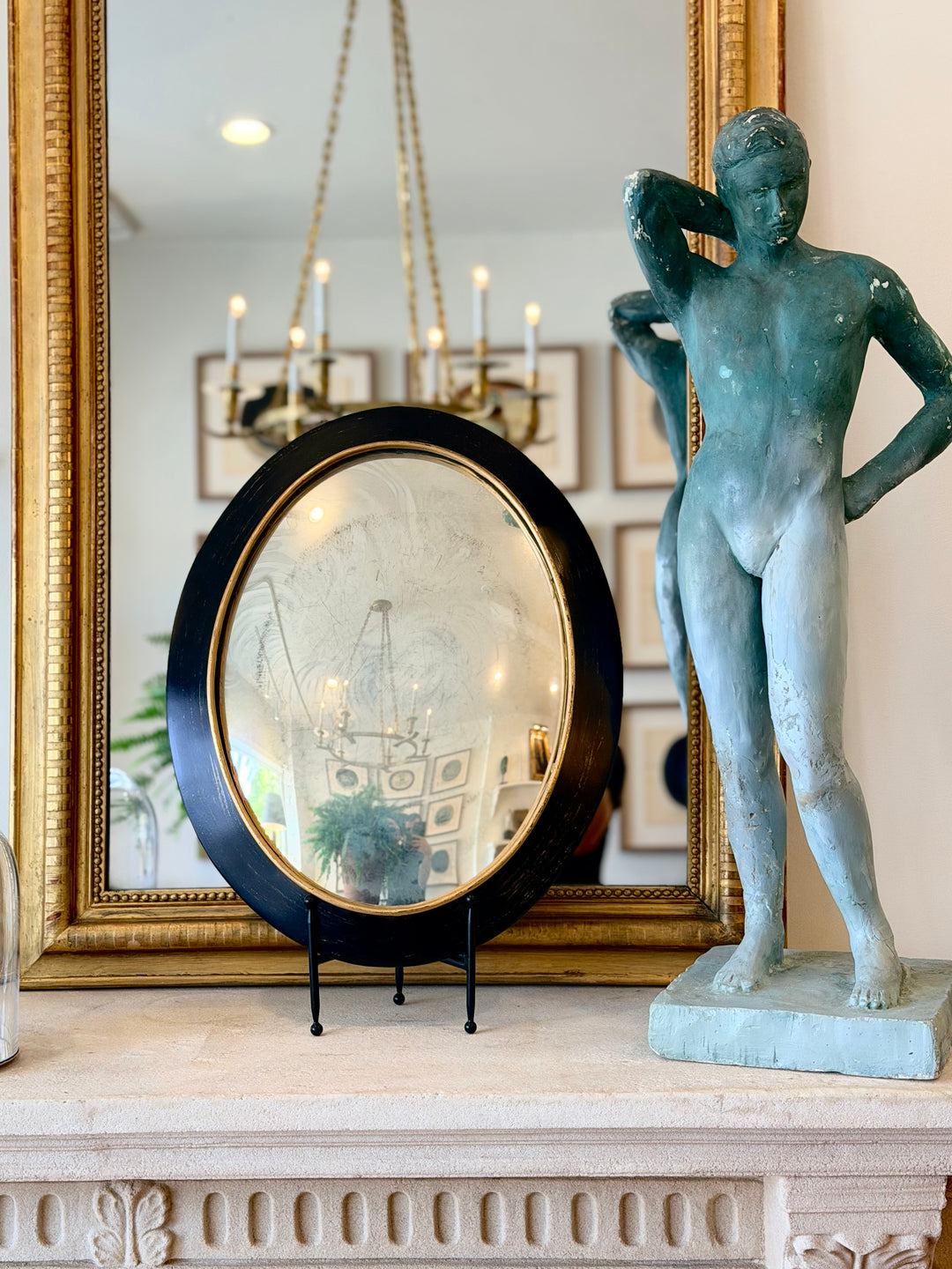 Oval Convex Mirror with Gilt Trim