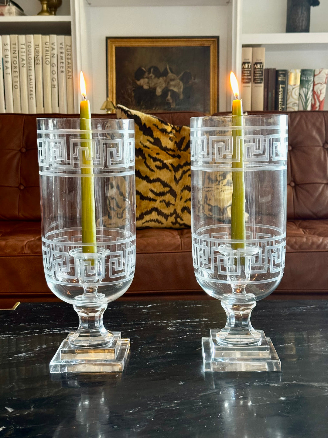 Greek Key Candle Hurricane - Pair