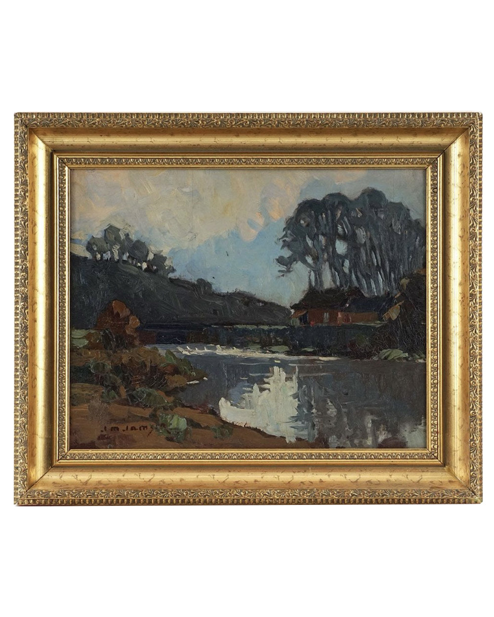 Evening Reflections on a Riverbank Oil Painting - Early 20th Century