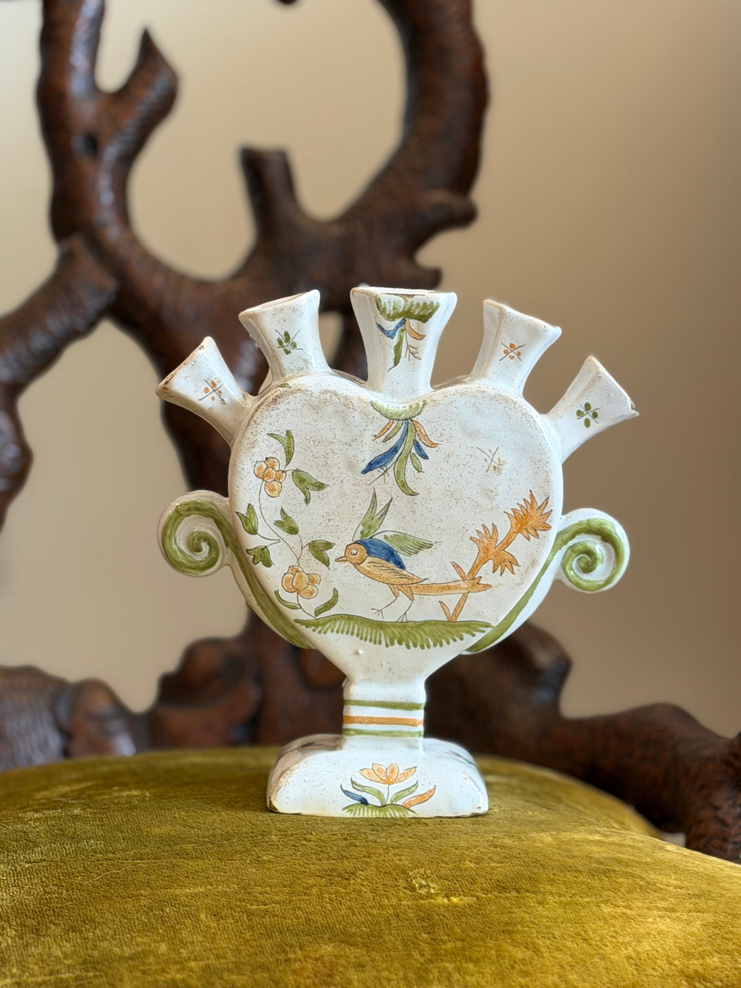 19th Century French Faience Five-Spout Tulipière with Birds and Flowers