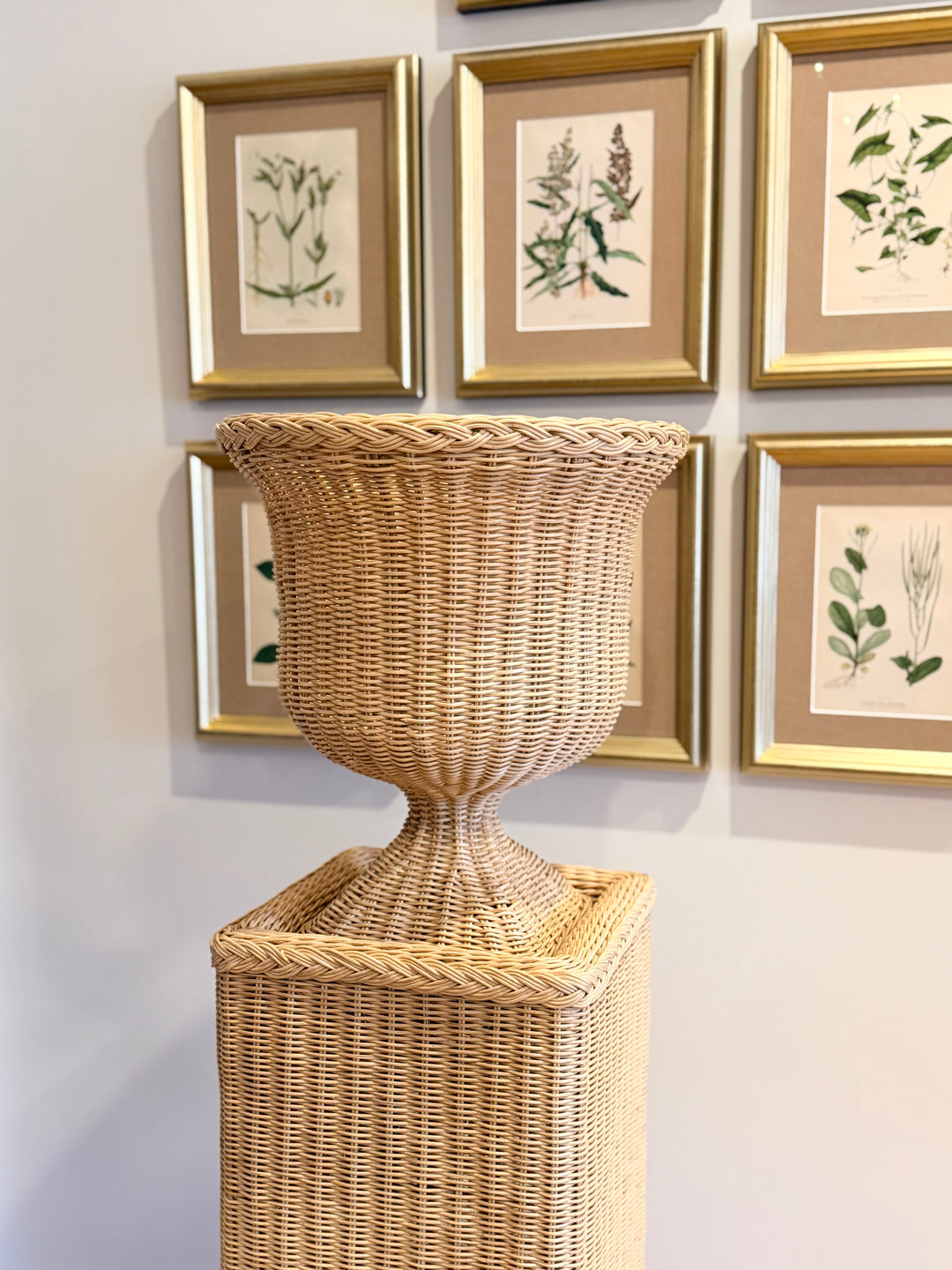 Classical Form Handwoven Rattan Urn and Plinth