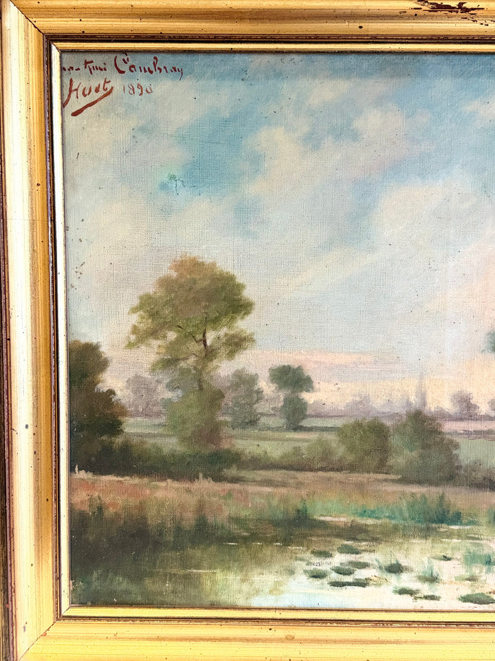 Antique French Barbizon School landscape oil painting from 1890 featuring serene nature scene and rich colors.