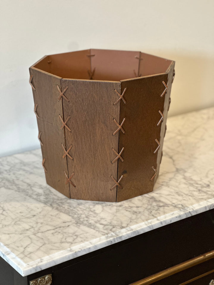 Modernist Wood and Suede-Stitched Basket - 20th Century