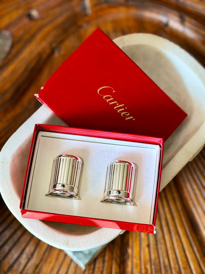 Cartier Silver Salt and Pepper Shakers with Lapis Cabochons