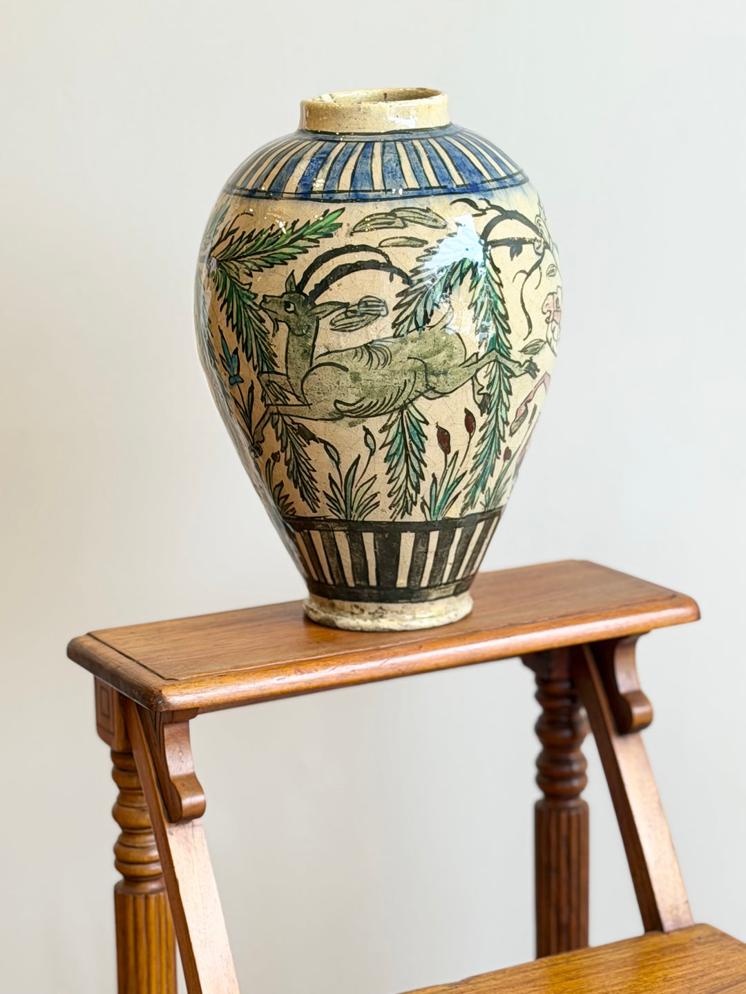 Italian Hand-Painted Figural and Animal Decorated Ceramic Vase