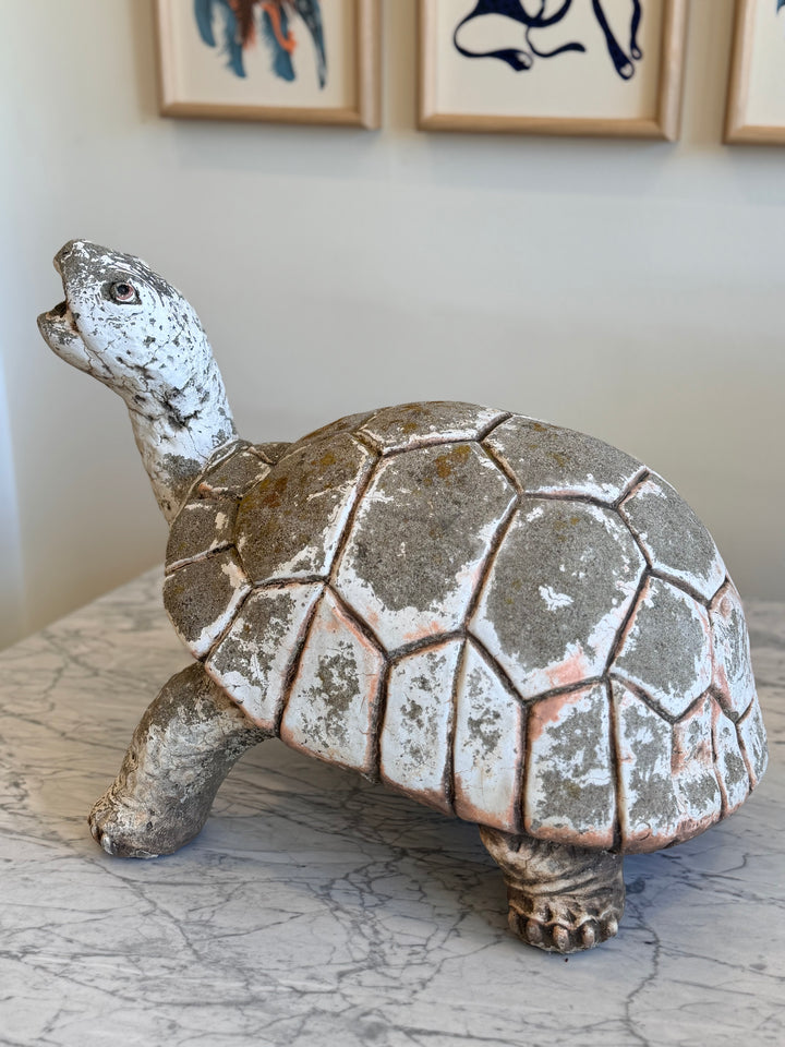 Italian Mid-20th Century Garden Turtle Fountain Sculpture by Housebound Interiors displayed outdoors with detailed carved turtle design