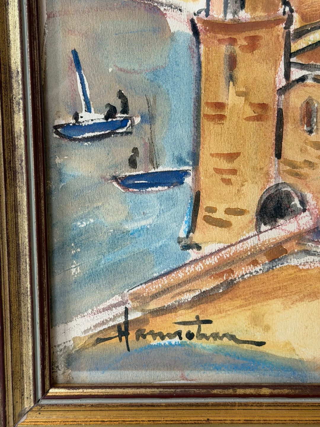 French watercolour painting of a Mediterranean harbor scene titled "La Plage de Collioure" by Housebound Interiors, signed artwork.