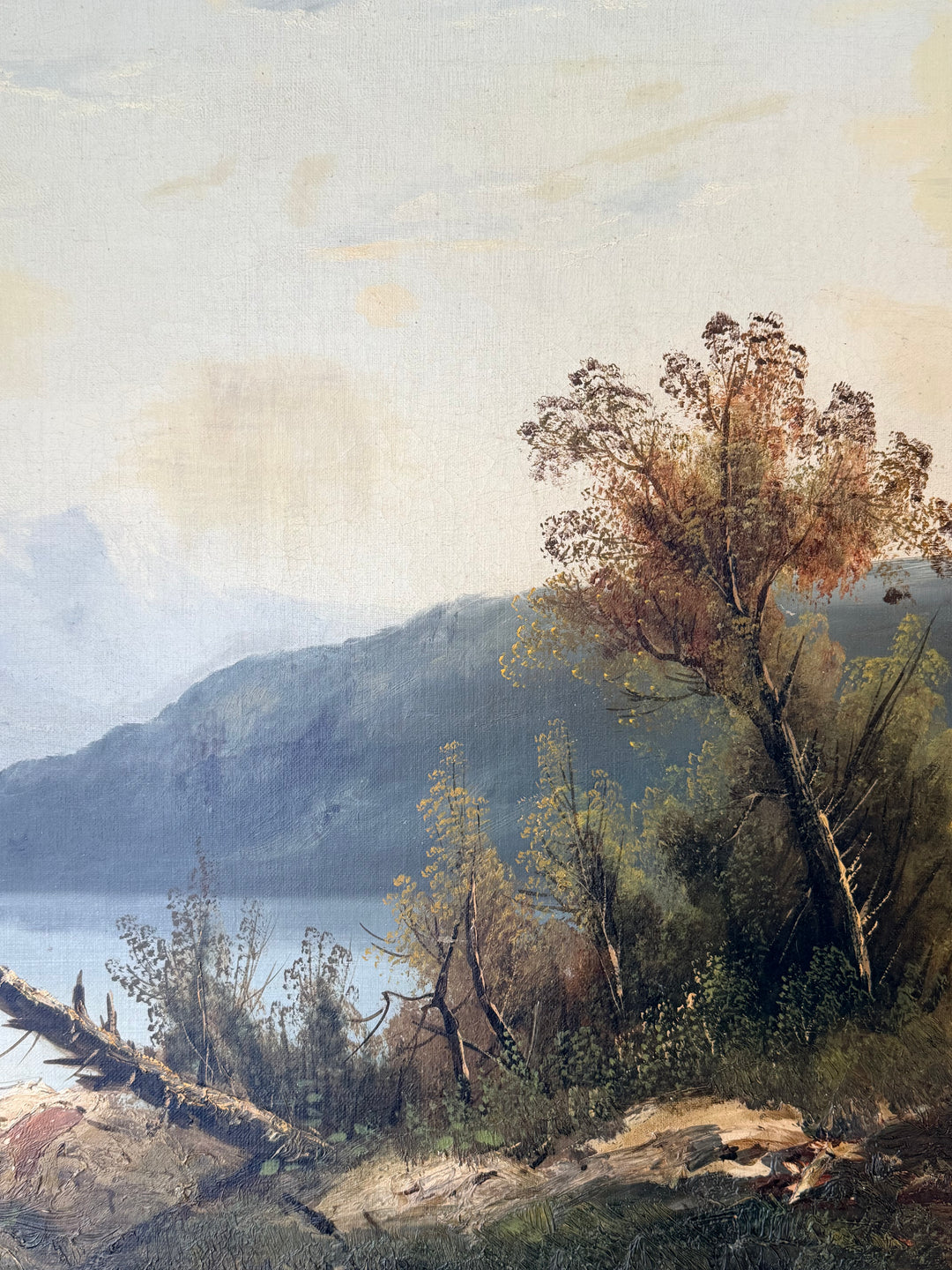 Early 20th century Alpine Stillness mountain lake landscape painting by Housebound Interiors, depicting serene mountain scenery.