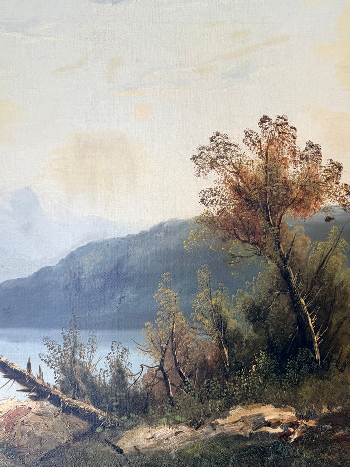 Early 20th century Alpine Stillness mountain lake landscape painting by Housebound Interiors, depicting serene mountain scenery.