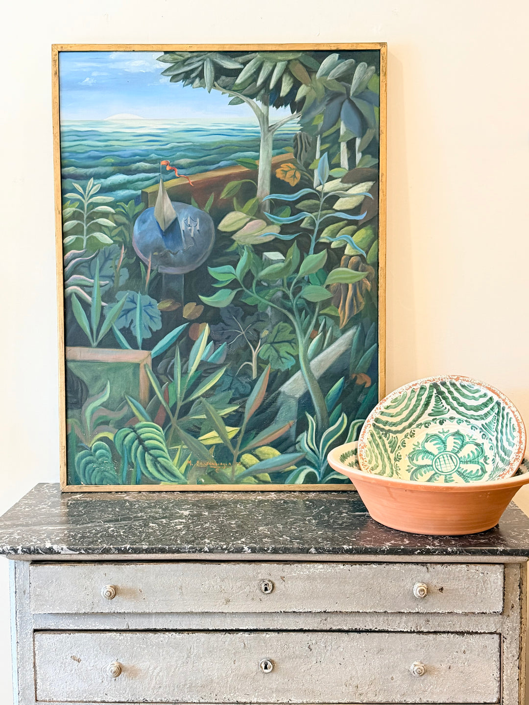 Surrealist botanical landscape oil painting by M. Brandenberger showcasing vibrant flora and imaginative scenery.