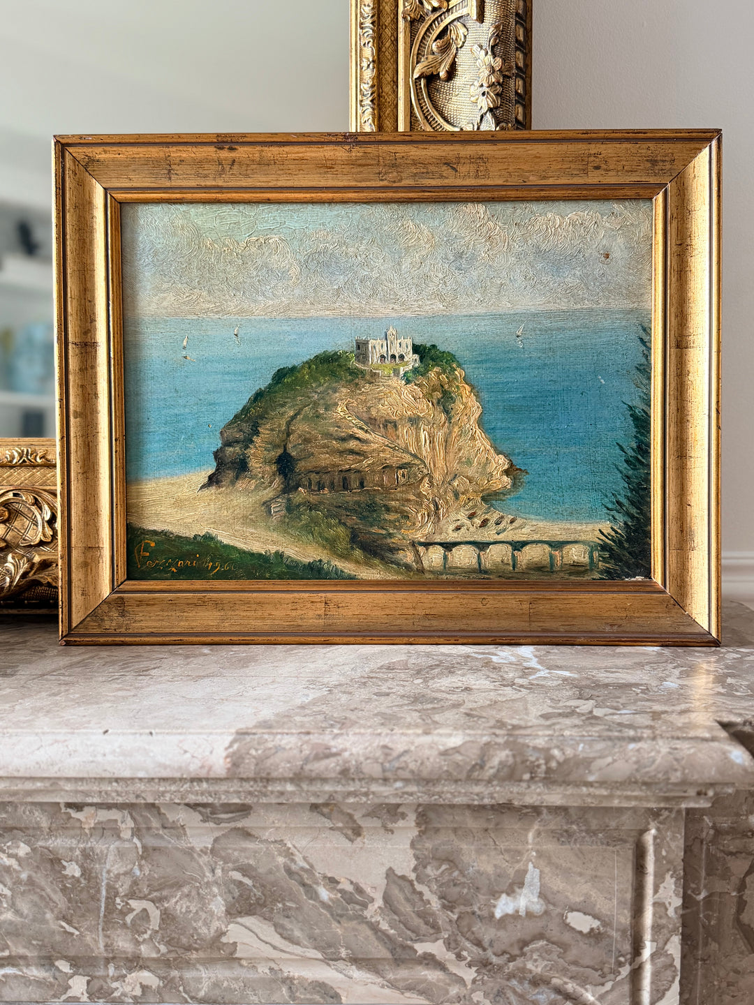 Antique Italian Coastal Villa Landscape Painting
