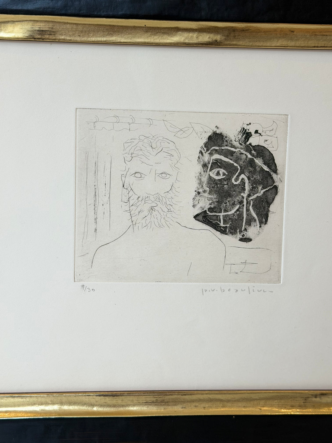 Signed Paul-Vanier Beaulieu etching titled "Untitled (Antiquity)," edition 9 of 30, displayed on a textured paper background.