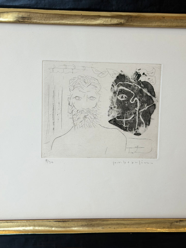 Signed Paul-Vanier Beaulieu etching titled "Untitled (Antiquity)," edition 9 of 30, displayed on a textured paper background.