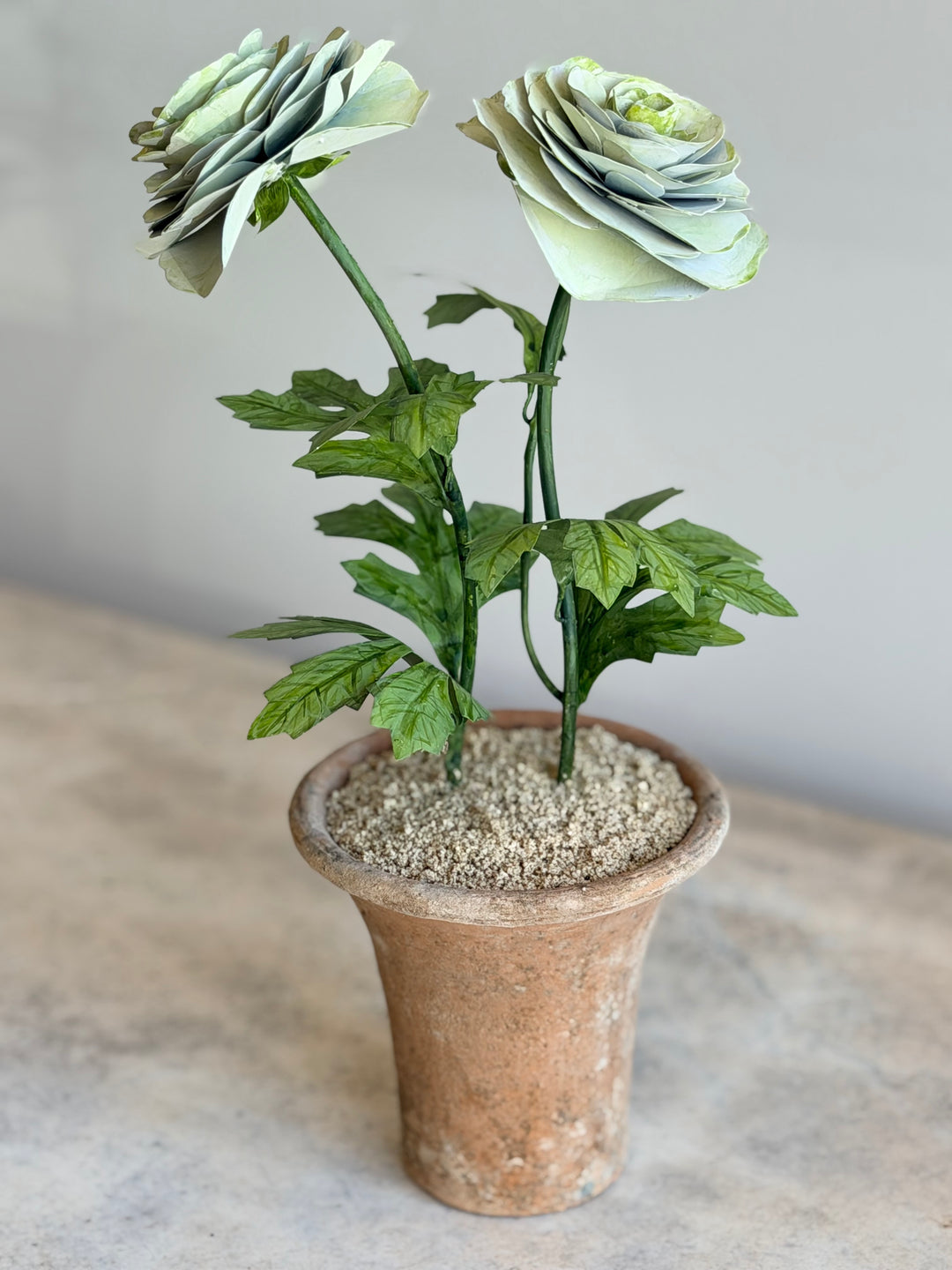 Ranunculus Tole sculpture in aged terracotta pot with pale green finish, decorative floral art by Housebound Interiors.