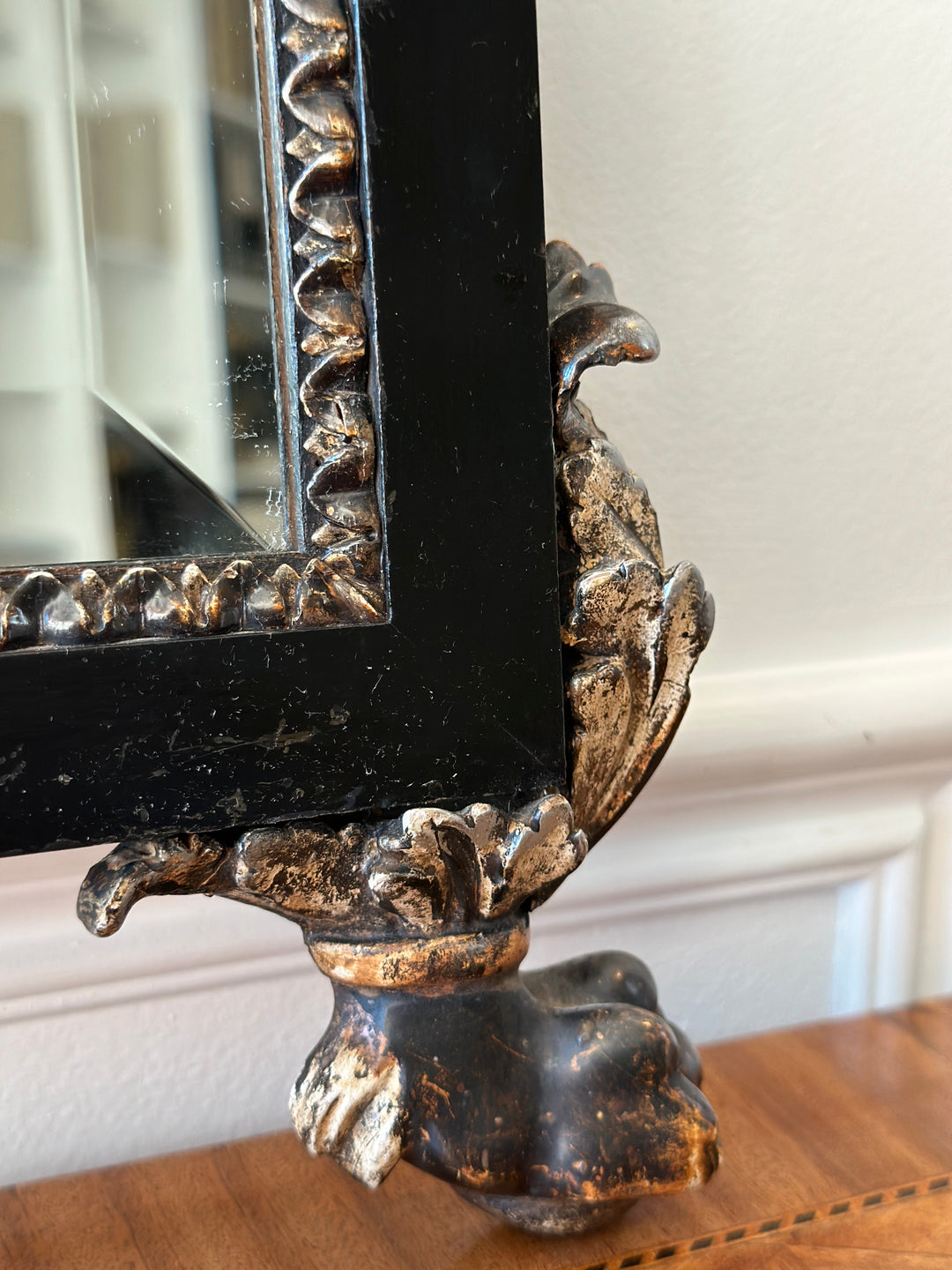 Antique Italian Black & Silver Gilt Carved Mirror