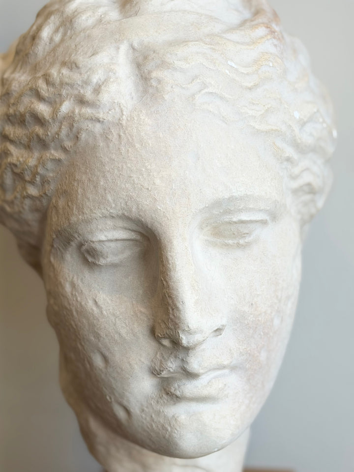 Large bust of Hygeia from the 20th century, detailed marble sculpture by Housebound Interiors showcasing classical Greek style.