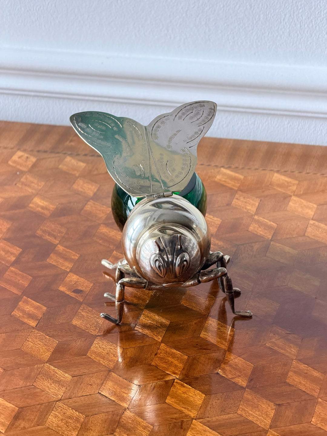 Italian Silver &amp; Emerald Green Glass Bee-Form of Jam Pot