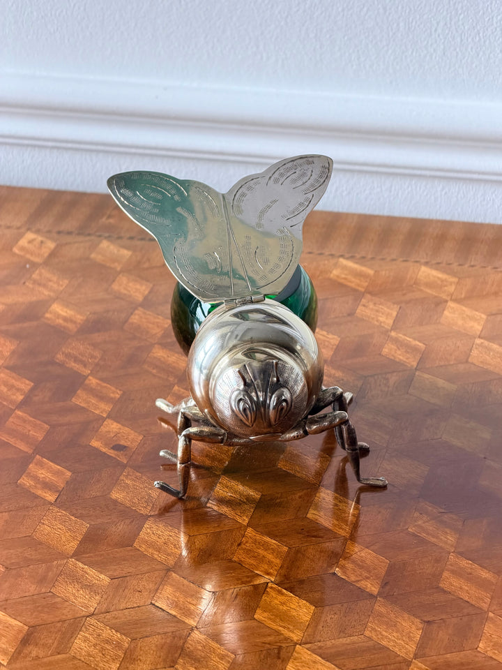 Italian Silver &amp; Emerald Green Glass Bee-Form of Jam Pot