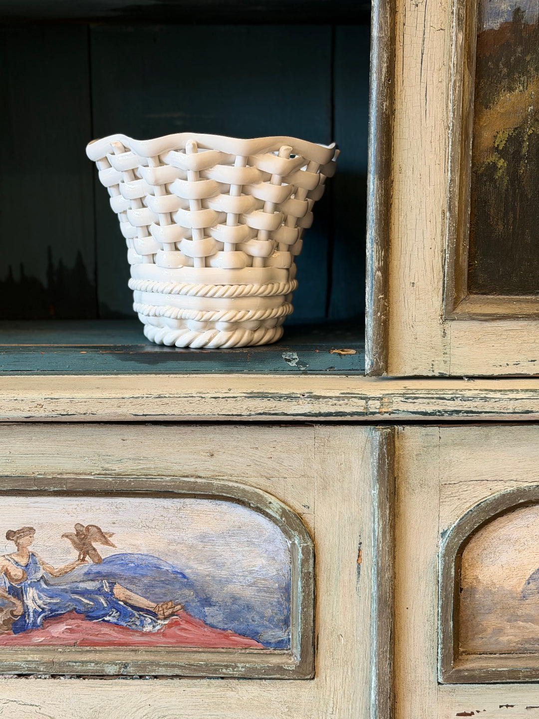 Italian White Ceramic Basketweave Cachepot - 1960s