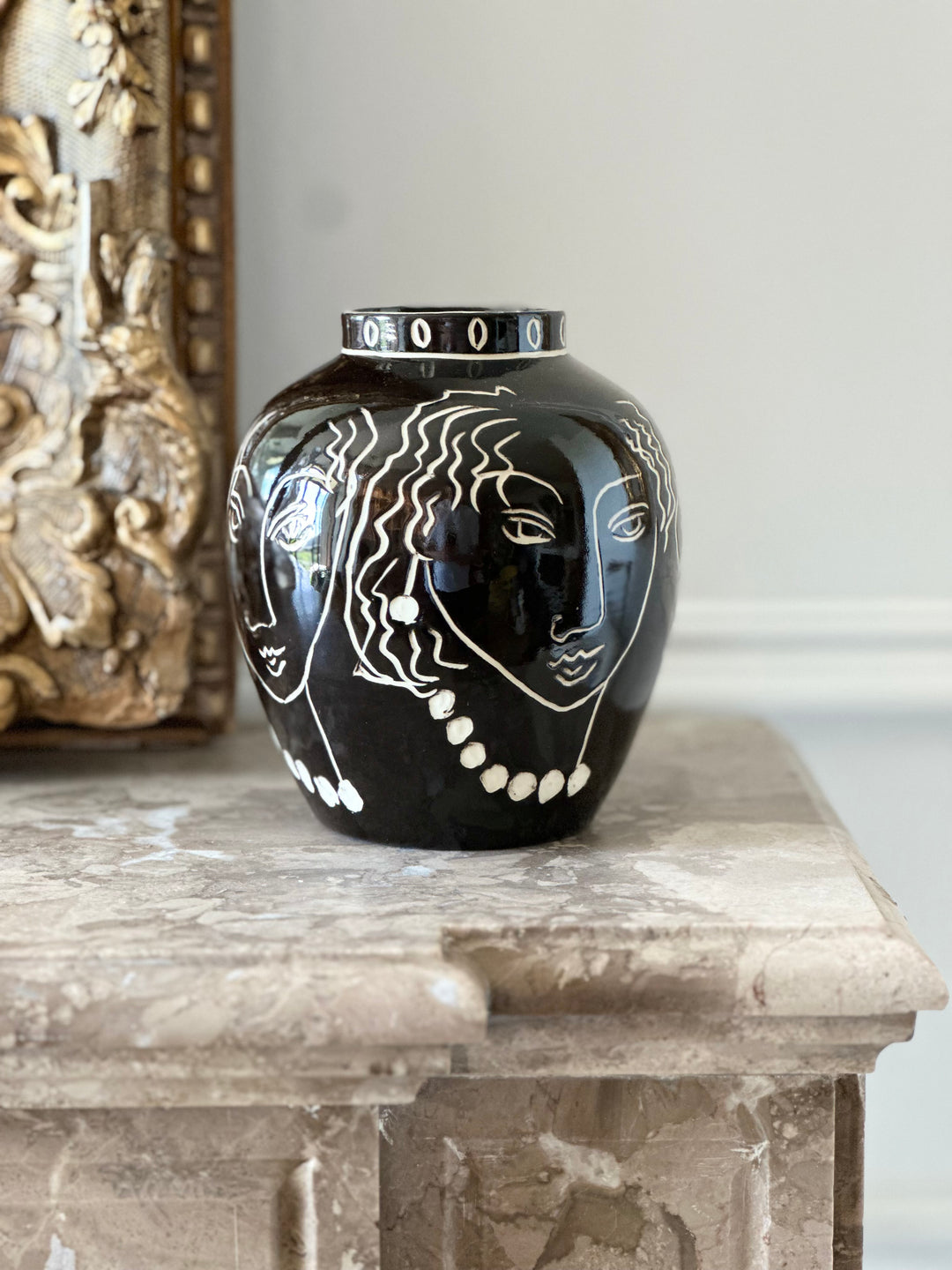 Modernist Black Glazed Vase with Incised Portraits