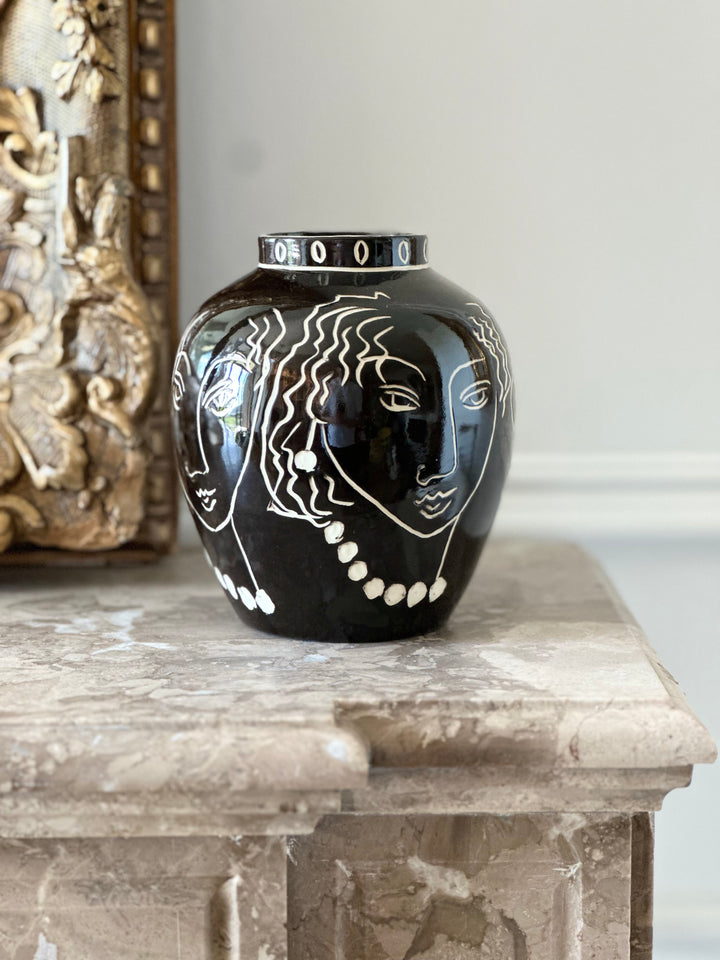 Modernist Black Glazed Vase with Incised Portraits
