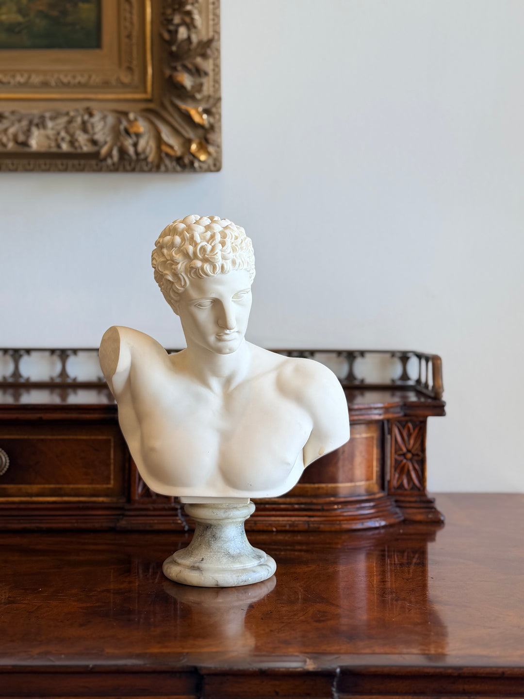 Vintage Italian classical male torso bust on marble base, signed 1965, detailed marble sculpture by Housebound Interiors