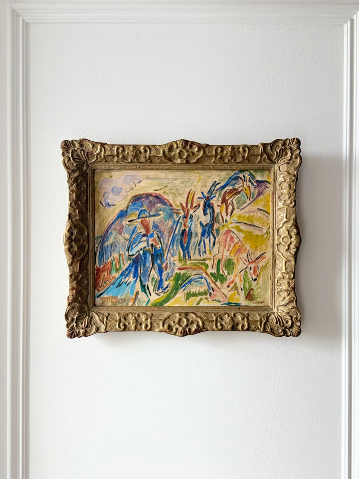 French Expressionist Pastoral Scene with Goats — Oil on Board 1950