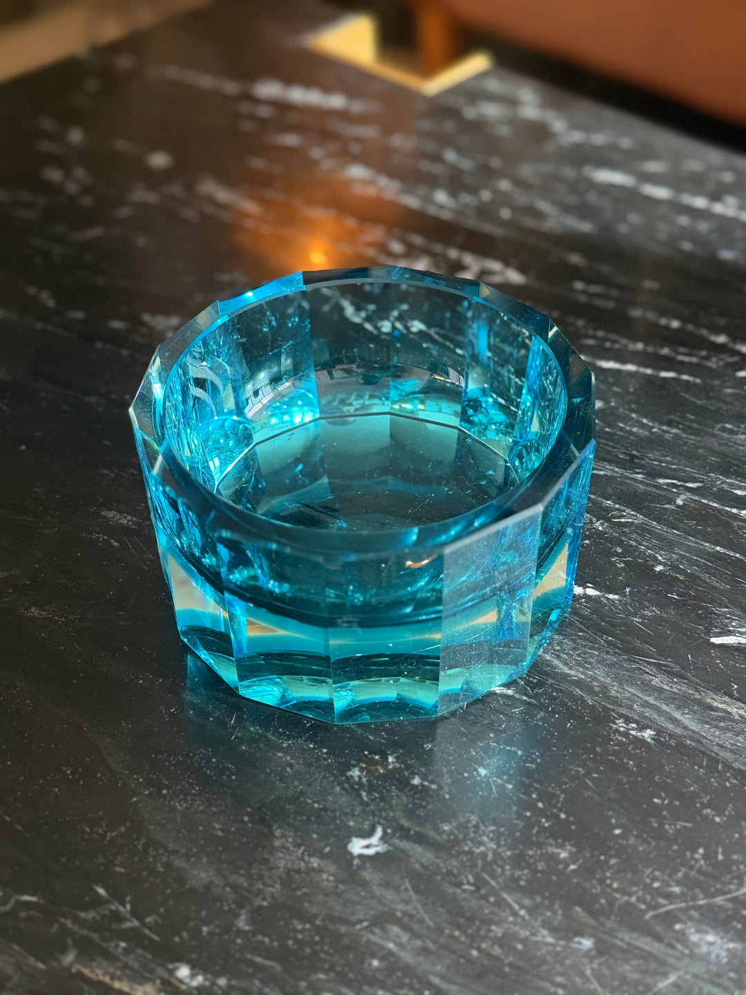 Faceted Aqua Crystal Catchall Attributed to Moser, Mid-20th Century