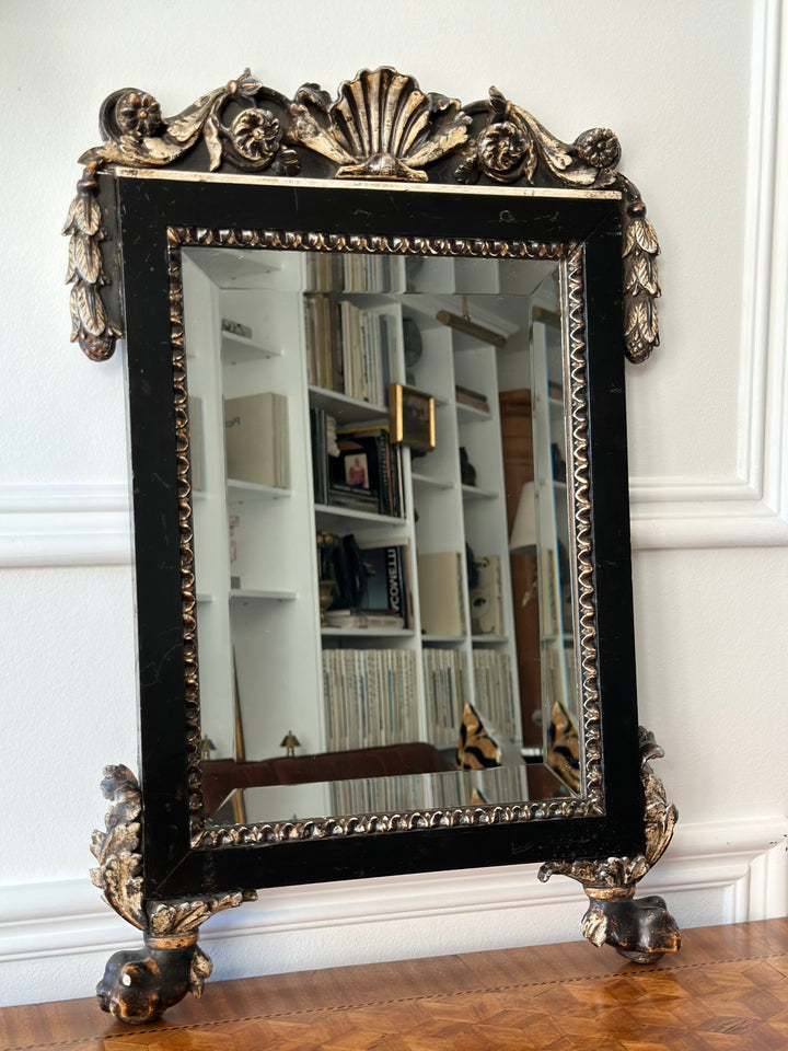 Antique Italian Black & Silver Gilt Carved Mirror