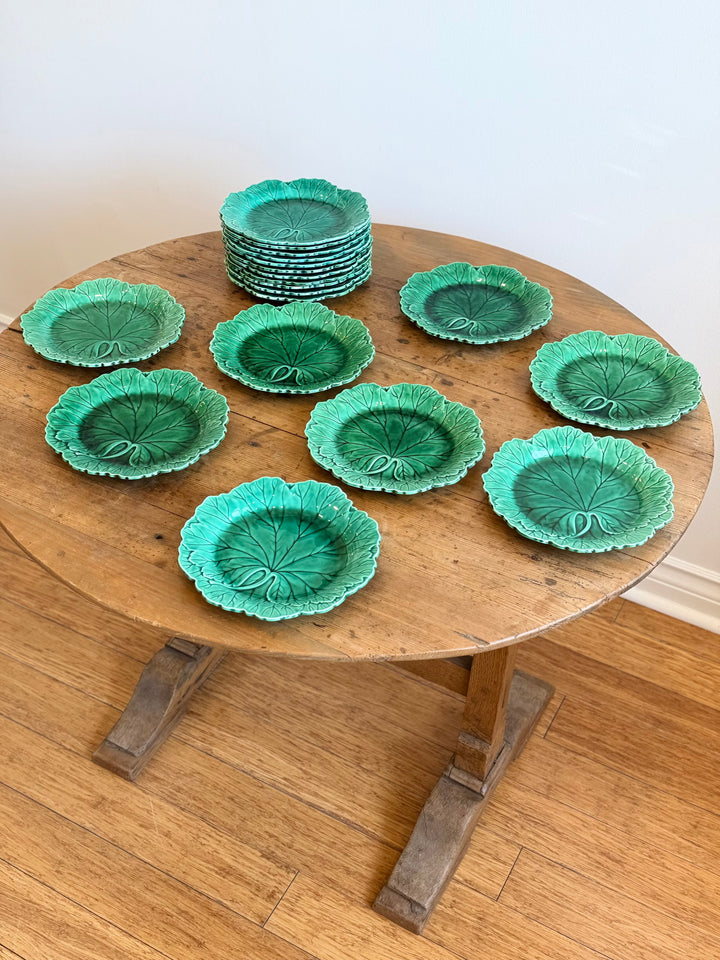 Set of 20 Antique Wedgwood Majolica Green Leaf Plates - England