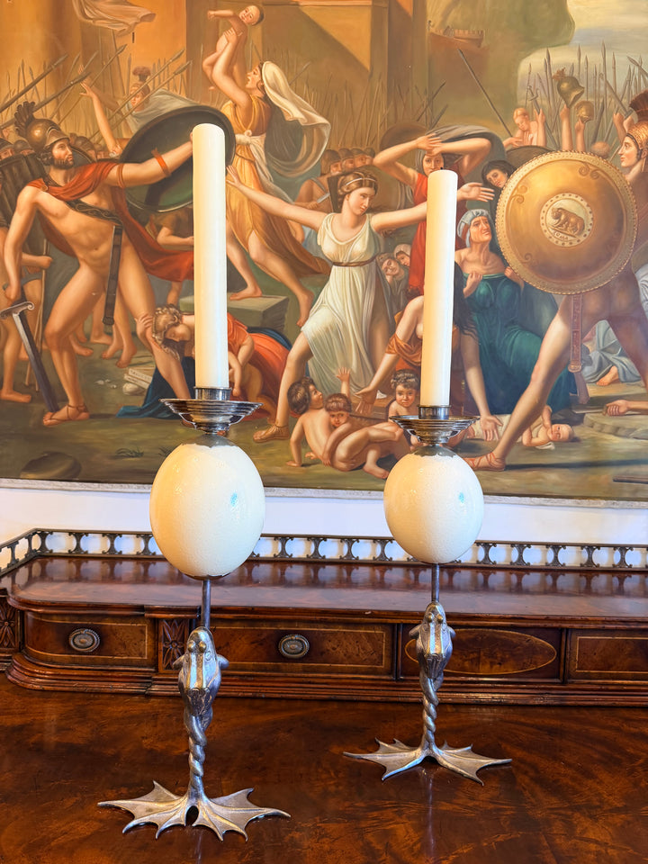 Pair of Anthony Redmile Silverplated Figural Frog Mounted Ostrich Egg Candlesticks, England, Circa 1970s