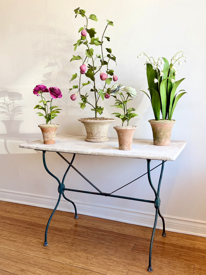 Fig tree tole sculpture in aged terracotta pot, decorative garden or indoor plant accessory by Housebound Interiors.