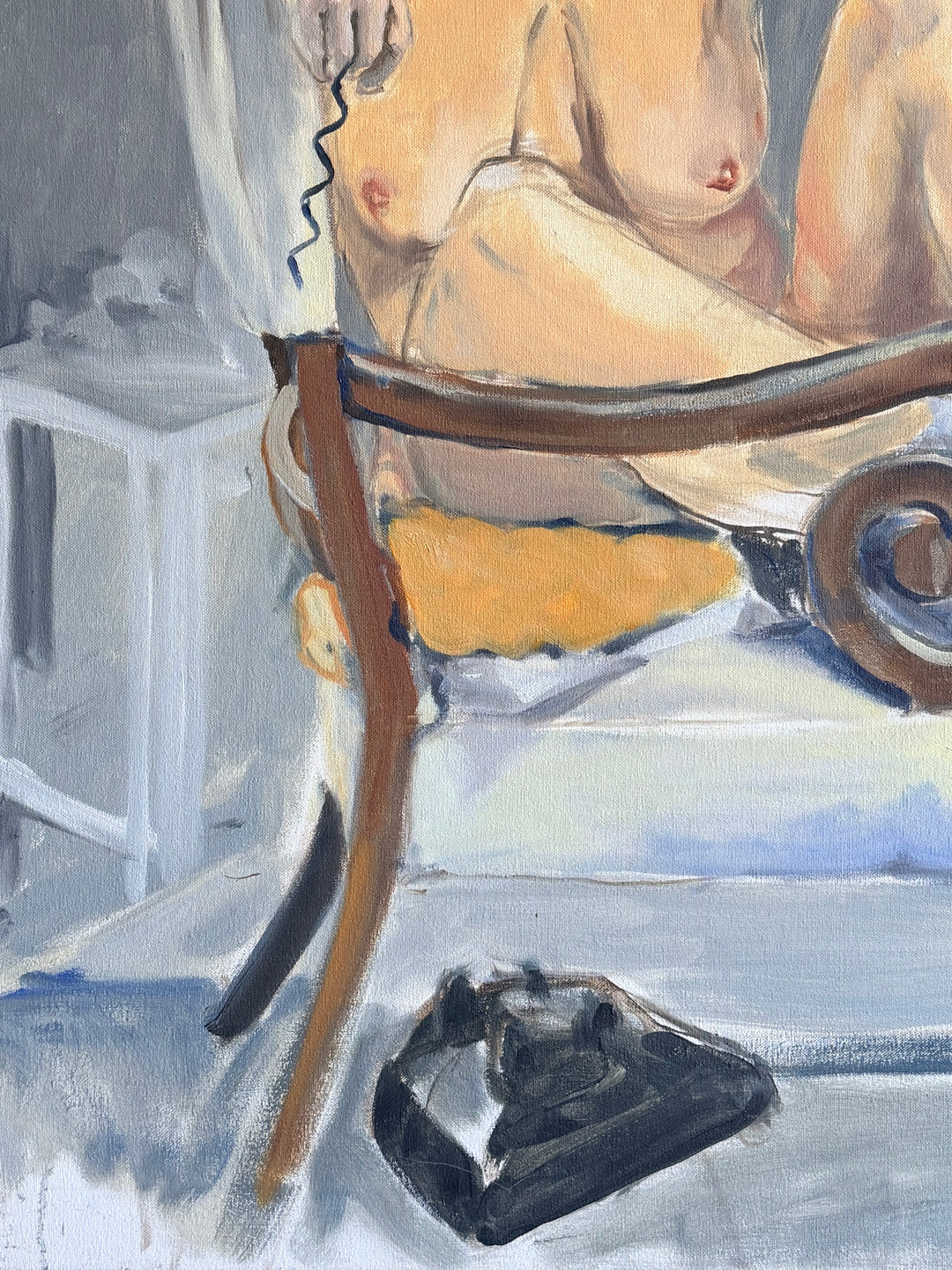 Large figurative interior study oil painting by Housebound Interiors depicting a seated nude woman with a telephone on canvas.