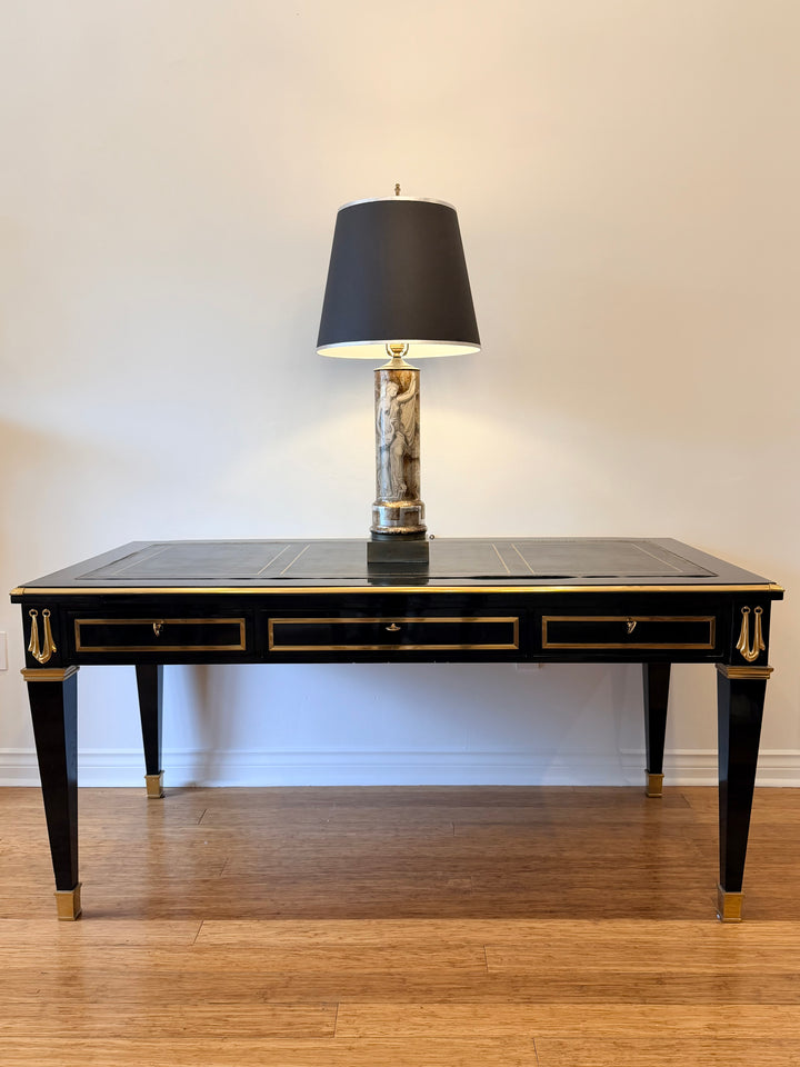 Spanish Neoclassical Ebonized Desk with Gilt Metal Mounts and Tooled Leather Top