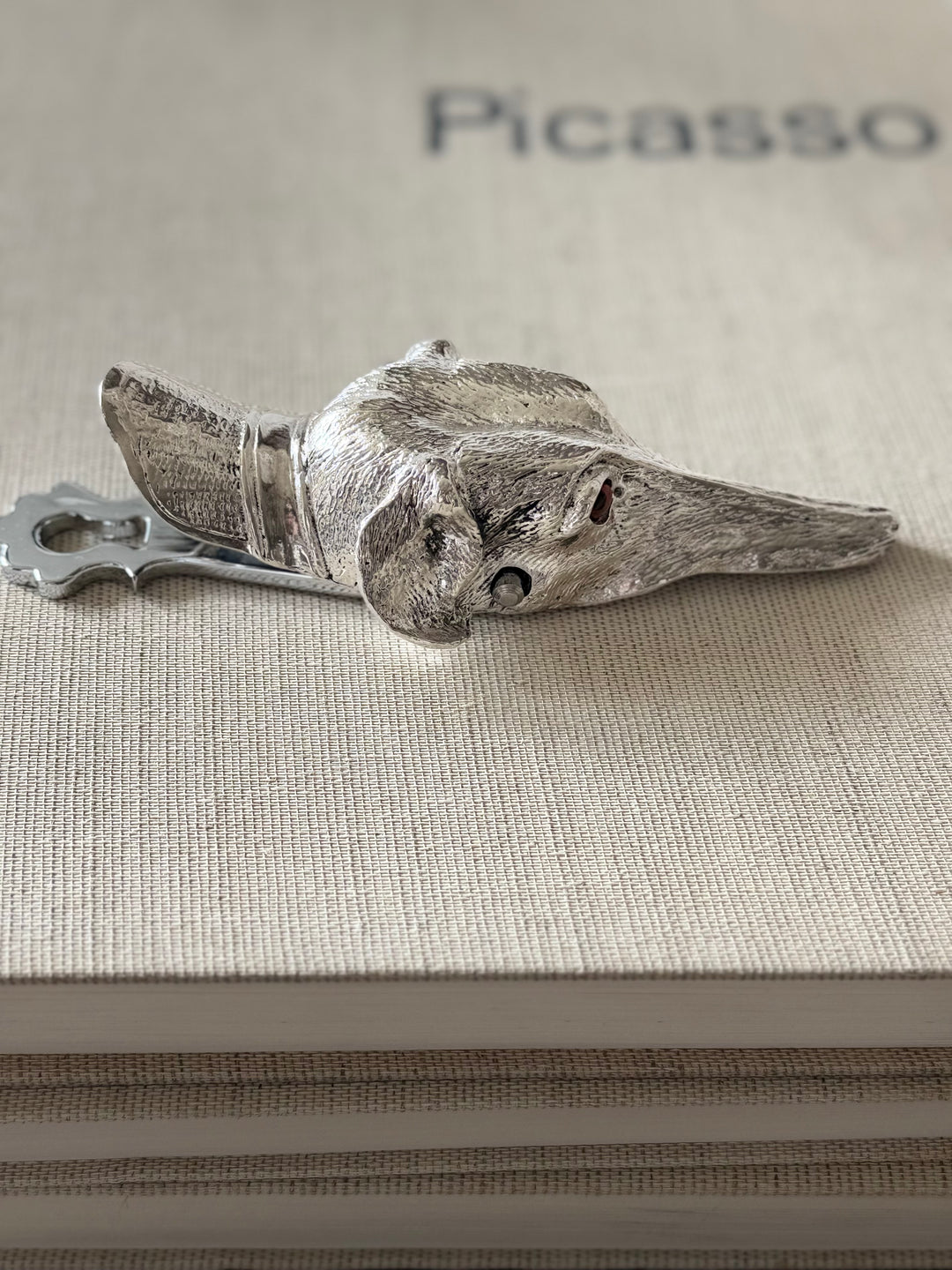 English Silver Dog-Form Desk Clip with Amber Glass Eyes - 20th Century