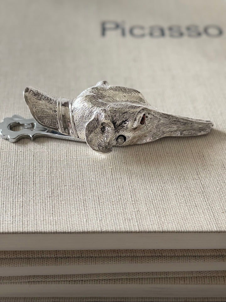 English Silver Dog-Form Desk Clip with Amber Glass Eyes - 20th Century