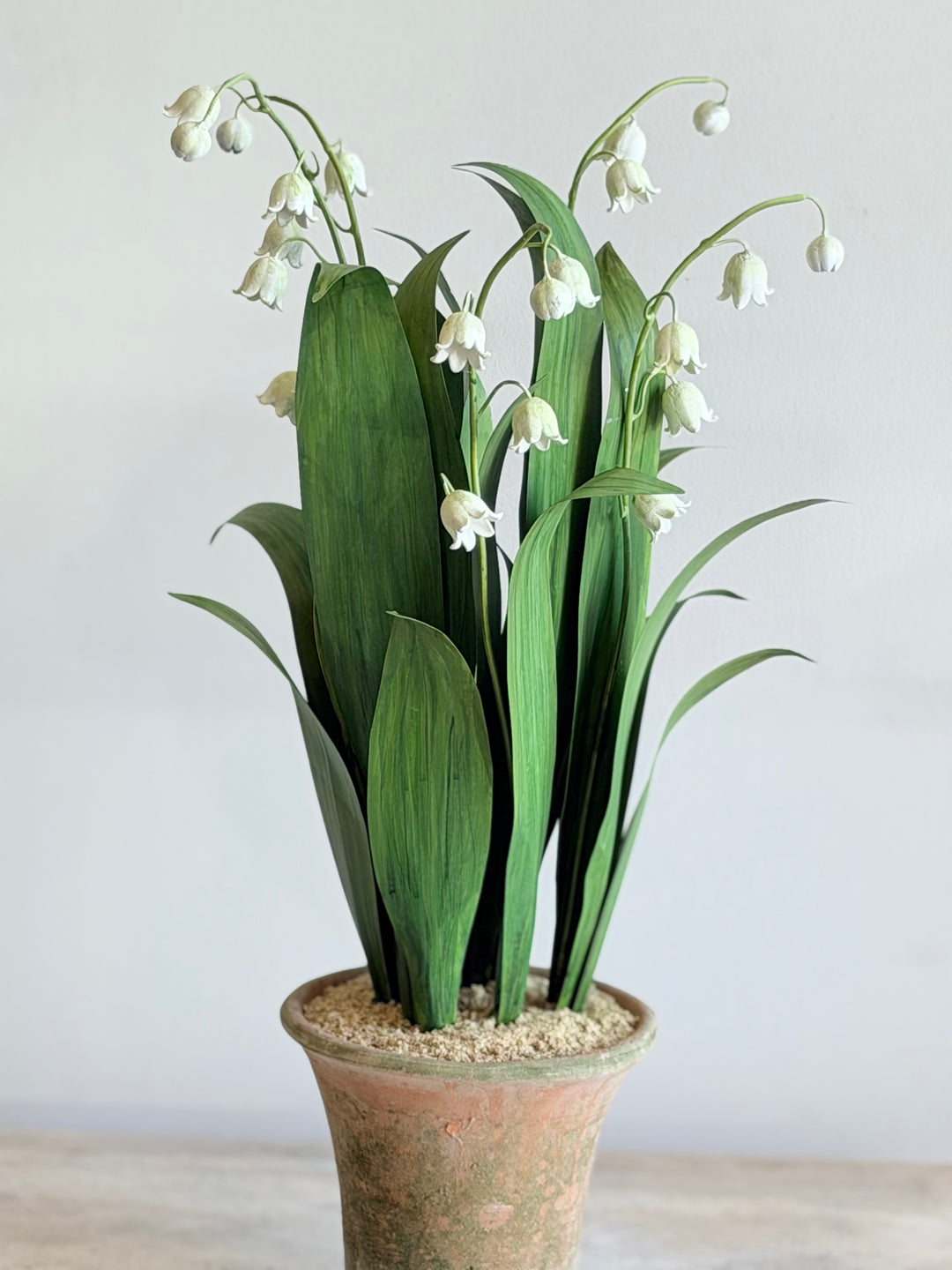 Lily of the Valley tole sculpture in an aged terracotta pot, decorative floral home decor by Housebound Interiors