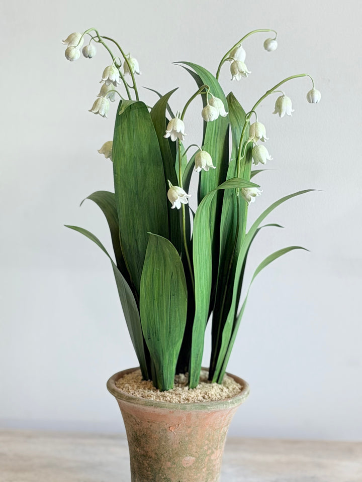 Lily of the Valley tole sculpture in an aged terracotta pot, decorative floral home decor by Housebound Interiors