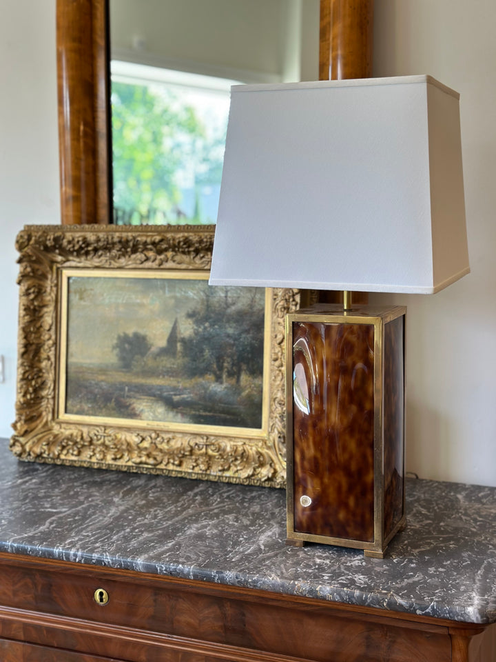 Modernist Italian Table Lamp in Faux Tortoiseshell and Brass, circa 1970