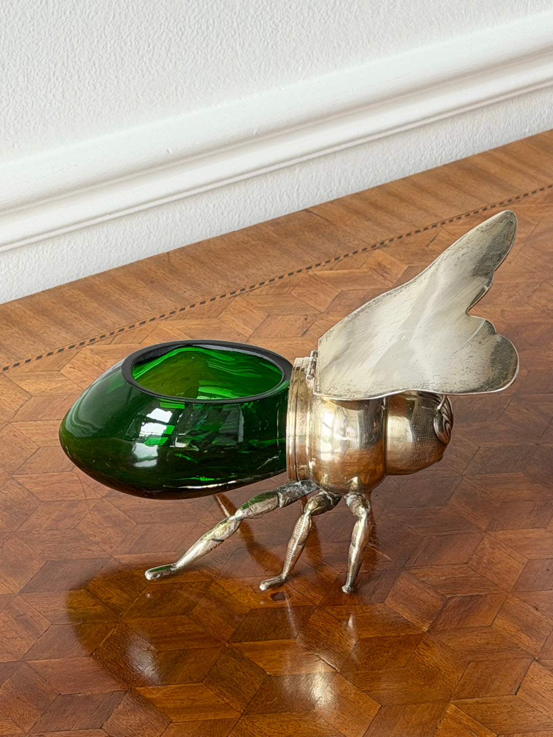 Italian Silver &amp; Emerald Green Glass Bee-Form of Jam Pot