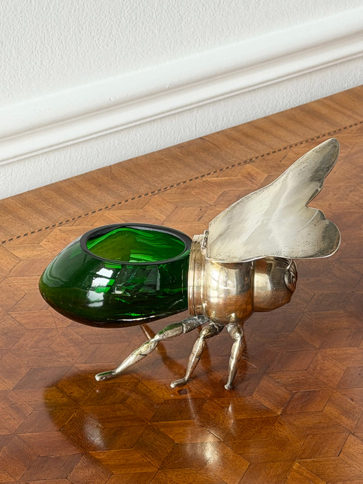 Italian Silver &amp; Emerald Green Glass Bee-Form of Jam Pot