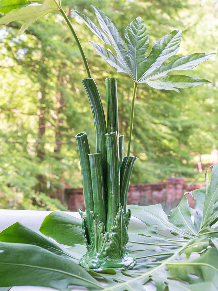 Italian Bamboo-Form Tulipière in Emerald Majolica Glaze