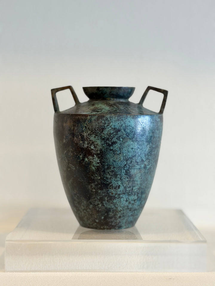 Verdigris Iron Amphora on Lucite Base, Mid-20th Century