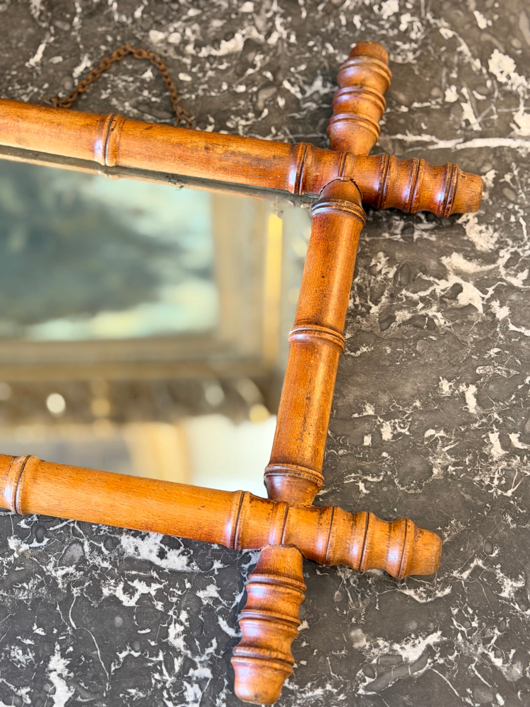 19th century French faux bamboo carved wood wall mirror with ornate frame, vintage decorative mirror, Housebound Interiors design