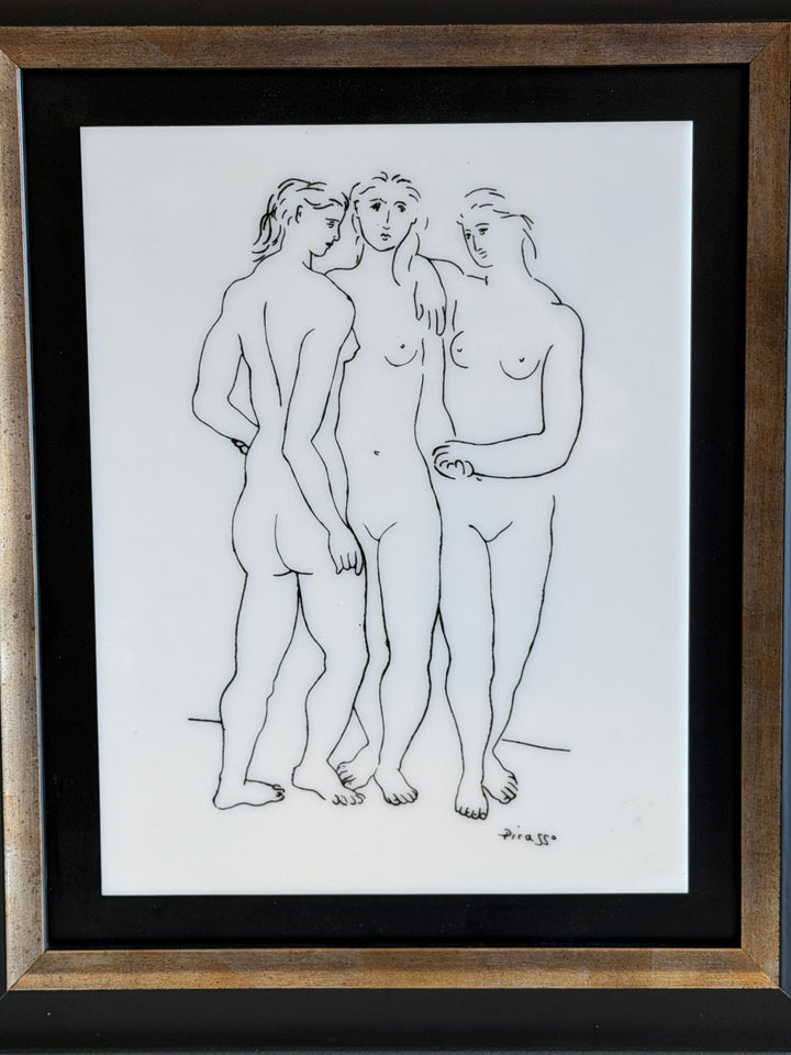 Vintage Picasso Les Trois Grâces art print from the 1970s, displayed in a home interior setting with vibrant colors and classic style.